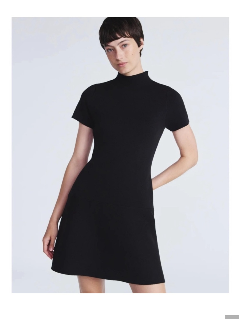 Sleek Black Mock-Neck Short-Sleeve Mini Dress